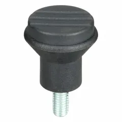 Pull knob with threaded stud for manual adjustment, clamping, or positioning on machinery and fixtures. Features a 21 mm diameter plastic body with steel M5 thread and 10 mm thread length. Suitable for industrial applications requiring a corrosion-resistant grip.