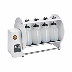 This HEIDOLPH lab rotator operates at a speed range of 1 RPM to 16 RPM, suitable for gentle mixing of liquids in bottles. It includes 1 L bottles and features overheating protection with self-resetting for safe continuous operation. The unit has a standard plug style.
