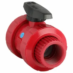 This CHEMTROL ball valve is a straight, full-port PVDF valve with 1 1/2 in FNPT female connections on both ends. It is operated manually via a lever handle and is suited for on/off flow control in corrosive fluid handling systems where PVDF's chemical resistance is required.