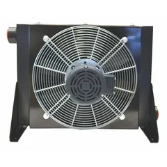 Fan-powered aftercooler rated for 75 hp max compressor output power and 539 cfm airflow. Operates on 208-230/460V AC, 3-phase. Reduces compressed air temperature and moisture downstream of the compressor for use in industrial compressed air systems.