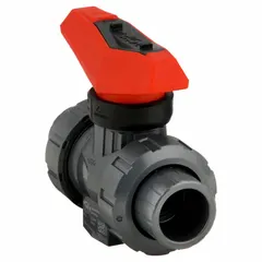 This manual two-way ball valve features a PVC body with socket x FNPT connections and a lever handle for on/off or throttling control. Suitable for water, chemical, and corrosive fluid applications in industrial piping systems.