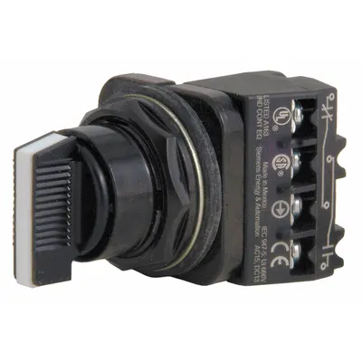 Siemens Selector Switch: 30 mm Panel Mounting Size, 3 Positions, Short Lever, 1NO/1NC - Selector Switches