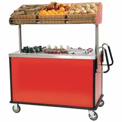 This stainless steel breakfast cart features a red finish and one compartment. It is equipped with two swivel casters with brakes for mobility and stability. Typical applications include transporting and serving meals in hospitality and foodservice settings.