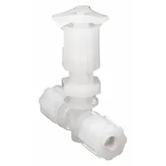High-purity needle valve with PFA stem and compression x compression connections for 3/8 in pipe. Rated for 100 psig maximum working pressure (CWP). Suitable for fluid control in applications requiring contamination-free handling, such as chemical processing and semiconductor manufacturing.