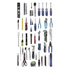 This 62-piece tool set features a 3/8 in socket drive size with SAE sizing. Includes long-nose pliers, multi-bit screwdrivers, an adjustable wrench, and accessories. Suitable for general mechanical assembly, repair, and maintenance tasks involving SAE fasteners.