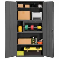 Welded steel cabinet with powder-coated gray finish. Includes four adjustable shelves. Swing handle with keyed lock secures contents. Suitable for organized storage of tools, parts, and equipment in warehouses, factories, and maintenance shops