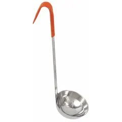 This ladle features a 4-inch diameter bowl and 15-inch overall length, constructed from stainless steel with an orange finish. It is suitable for transferring liquids or semi-solids in industrial handling tasks such as food processing, chemical mixing, or maintenance operations.