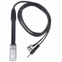 This combination pH and temperature electrode features a single junction, BNC connection, and round epoxy tip. It measures pH from 0 to 14 and temperature from 32 to 230°F, with a 1 m cable. Suitable for general-purpose pH and temperature measurement in aqueous solutions when used with a compatible meter.