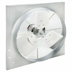 Standard direct-drive panel exhaust fan with a 16-inch blade, 1/20 hp motor delivering 1,334 cfm at 115V AC single phase. Galvanized steel frame with stamped construction, totally enclosed air-over motor with Class B insulation. Includes intake guards. Suitable for general ventilation in industrial and commercial spaces to remove heat, fumes, or stale air.