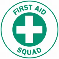 Non-reflective circle label for hard hat identification. Printed in English. Diameter 2 in. Pack of 4 labels. Used to mark personnel assigned to first aid duties in industrial and construction environments