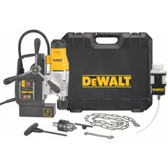 Compact magnetic drill press with electric magnet, 120V AC, 10A current, and 4-3/8 in drill travel. Designed for drilling precise holes in ferrous metals, suitable for structural steel fabrication, construction, and industrial maintenance applications.
