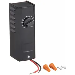 This indoor single-stage thermostat is designed for heat-only control of electric heaters, unit heaters, and similar resistive loads. It features a steel enclosure and a bi-metal sensing element, operating as a SPST switch that opens on temperature rise. The temperature range is -10° to 100°F with a differential of 6°F to 8°F, suitable for industrial or commercial applications.