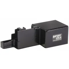 Steel padlock guard with integrated lock, finished in black. Measures 10 inches in length, 3-1/2 inches in width, and 5 inches in height. Used to protect padlocks from tampering, cutting, and weather in industrial, commercial, and utility applications such as gates, lockers, cabinets, and equipment enclosures.