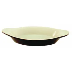 Ceramic dish for preparing and serving Welsh rarebit, au gratin dishes, and individual casseroles. Brown/white finish. Overall dimensions: 8-1/2 in length, 4 in width, 1-3/8 in depth.