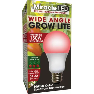 MIRACLE LED Grow Bulb: LED, A19, 120V, Full/Broad/Red - Plant Growth Bulbs
