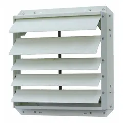 This wall-mount backdraft damper is designed for horizontal airflow and vertical mounting. It features a flat blade type and a fiberglass rear flange. Dimensions: 21 in height, 21 in width, 3 3/8 in depth. Suitable for use with an 18-inch fan to prevent reverse airflow in ventilation systems.