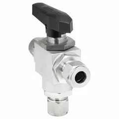 This three-way ball valve is constructed from 316 stainless steel with a 12 mm full port ball port and L flow configuration. It is operated manually via a lever handle. Typical applications include flow diversion or mixing in industrial piping systems where minimal pressure drop is required.