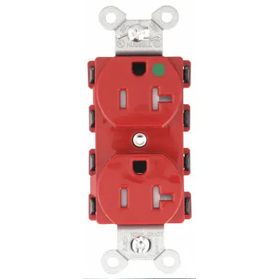 HUBBELL Receptacle: Hospital Grade Fed. Spec., Duplex, 5-20R, Red, 125V AC, 20 A - General Purpose Receptacles
