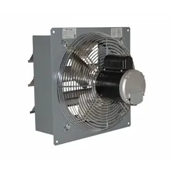 12-inch standard shutter-mount exhaust fan with a 1/4 hp totally enclosed air over motor, delivering 1,650 cfm at 115V AC, single phase, with 2-speed operation. Galvanized steel and powder-coated steel construction. Suitable for general ventilation in industrial spaces such as factories, warehouses, and workshops to remove hot air, fumes, and moisture.