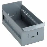 This metal drawer bin measures 5-1/2 inches by 4-1/2 inches with an overall length of 11 inches and is finished in gray. It includes dividers for organizing small parts and is not stacking capable. Commonly used in industrial workstations, maintenance shops, and warehouses for storing fasteners, tools, and components