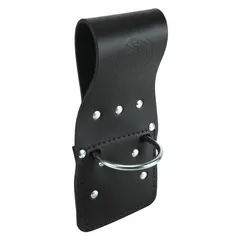 This black leather holster is designed to carry a hammer on a belt up to 4 inches wide. It features an open top for quick tool access and a belt slot for secure attachment. Suitable for electricians, construction workers, and maintenance technicians who need hands-free hammer carrying on the job.