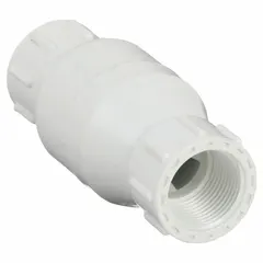 This PVC poppet check valve features an inline body with 3/4 in female IPT connections on both ends. The stainless steel poppet provides backflow prevention in low-pressure piping systems. Commonly used in corrosive or non-potable water applications.