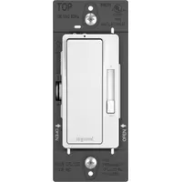 Line voltage dimmer for CFL and LED lighting loads up to 450W at 120V AC. Supports 1-Pole or 3-Way switching configurations. Side wiring method; no neutral wire required. White finish