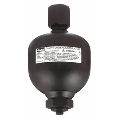 Uncharged diaphragm accumulator with 30 cu in fluid volume and Hydrin diaphragm. Maximum flow rate of 26 gpm. Used in hydraulic systems for energy storage, pulsation dampening, and shock absorption.