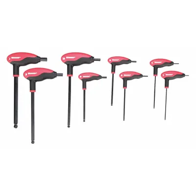 WESTWARD Hex Key Set: 6 - 10 Pieces, T, SAE, Single Ball End, Long, 8 Pieces, Organizer - T-Shaped Hex Key Sets