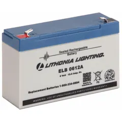 Sealed lead acid battery rated at 6 V and 12 Ah capacity. Overall height 3 3/4 in, overall depth 2 in. Used as a replacement battery for emergency and exit lighting fixtures, providing backup power during outages.