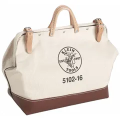 This canvas wide-mouth tool bag in tan measures 12 inches wide by 6 inches deep by 10 inches high. It includes one exterior pocket and one inside pocket for organizing hand tools and small parts. The wide opening facilitates easy access to contents, suitable for carrying tools on job sites.