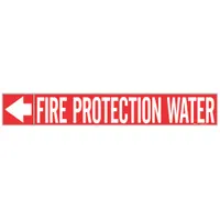 Red adhesive pipe marker with white legend 'Fire Protection Water' for 1-1/2 to 2 in pipe O.D. Includes flow-direction arrows. Each roll contains 25 markers. Used to identify water lines in fire protection systems