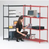 This mobile wire shelving unit features four shelves, epoxy-coated black steel construction, and two swivel casters with polyurethane tread. Designed for wet and dry environments, it is suited for commercial kitchens, warehouses, and laboratories where repositioning is needed