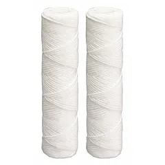String-wound water filter cartridge with 10-micron rating and 4 gpm flow rate. Constructed with polyester filter media for sediment filtration in residential and light commercial water systems. Traps particles such as sand, rust, and silt to improve water clarity and protect downstream equipment.
