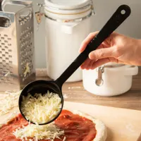 Solid acetal portion control spoon with a 6 oz capacity, designed for consistent serving sizes in commercial foodservice. Black color, NSF certified for sanitation. Suitable for portioning solid foods in cafeterias, restaurants, and institutional kitchens