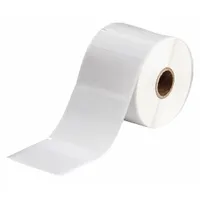 White matte vinyl wraparound label measuring 2 1/4 in x 2 1/2 in, designed for wire and cable identification on 6 AWG to 0 AWG gauges. Compatible with THT printer series and requires R4313 ribbon for thermal transfer printing. Used in industrial electrical, panel building, and maintenance applications