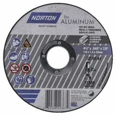 General-purpose cut-off wheel for soft metals. Type 1 design with aluminum oxide grain and 36 grit. Measures 4-1/2 in diameter, 0.045 in thickness, 7/8 in arbor hole. Suitable for cutting non-ferrous materials in fabrication and maintenance tasks.