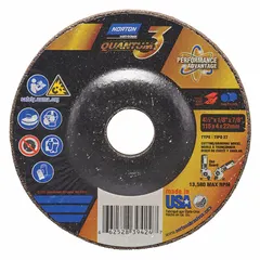 Ceramic combination wheel for cutting and grinding carbon and stainless steel. Type 27 design with 36 grit and cool-cutting action reduces heat buildup. Suitable for fabrication, metalworking, and maintenance tasks.