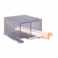 This clear PETG pipette holder provides organized storage for serological pipettes on a benchtop. Overall height is 6 1/8 inches, overall length is 8 7/8 inches. Suitable for laboratory use to keep pipettes accessible and tidy.