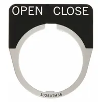 Half-round legend plate designed for use with Series 10250T push-button stations. Features a 1-1/2 in overall width and black metallic aluminum construction with white 'Open-Close' legend. Suitable for labeling control functions in industrial panel applications