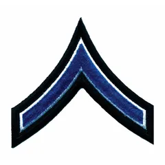 This embroidered insignia is a rank patch indicating Private First Class. It measures 3 1/2 inches, is black, and constructed of polyester/rayon. Typically affixed to uniform caps, sleeves, or pockets for identification purposes.