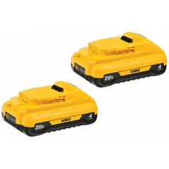 This 20V DC, 4 Ah lithium-ion battery pack includes two batteries for powering compatible cordless tools. Suitable for construction, woodworking, and maintenance tasks requiring portable power for drills, saws, and impact drivers.