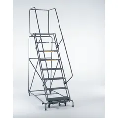 This assembled steel manual-lock ladder features a perforated design and a 6.7 ft platform height. Finished in gray, it includes handrails for added stability. Suitable for elevated access in warehouses, stockrooms, and industrial facilities.