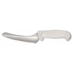 This offset knife features a steel blade and a white polypropylene handle with an overall length of 9 inches. The offset blade design provides clearance between the hand and cutting surface, reducing fatigue during slicing tasks. NSF certified for sanitation compliance in food-service environments.