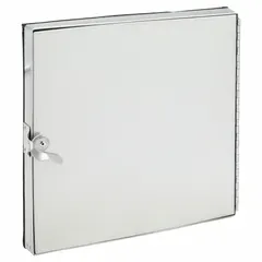 This flat access door is designed for rectangular HVAC ducts, providing entry for inspection, cleaning, and maintenance. Constructed from 22 ga steel with fiberglass insulation, it features a single cam latch and tab-in hinge. The 14 in observation port height allows visual checks without full door opening.