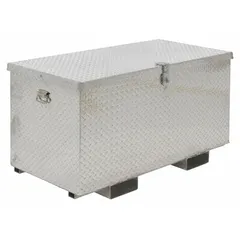 This chest-style jobsite box provides 16 cu ft of storage capacity for tools and equipment. It measures 49 1/4 in W x 25 7/8 in D x 28 1/16 in H and features a padlock hasp for securing contents (lock not included). The silver finish resists corrosion in industrial environments.