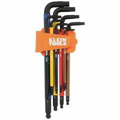 This 9-piece set includes extra-long, single ball-end SAE hex keys with a black phosphate finish. The keys are organized in a color-coded caddy for quick size identification. Designed for accessing recessed fasteners in confined spaces, common in maintenance and repair tasks.