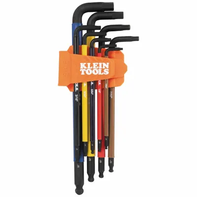 KLEIN TOOLS: 6 - 10 Pieces, L, SAE, Single Ball End, Extra Long, 9 Pieces - Color-Coded Hex Key Sets