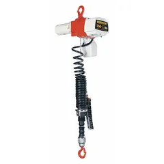 This light-duty electric hoist is hook mounted without a trolley and operates on 120V AC with two speeds. It includes a safety latch hook and provides a headroom clearance of 37 inches. Typical applications include lifting and positioning loads in manufacturing, warehousing, and maintenance settings.