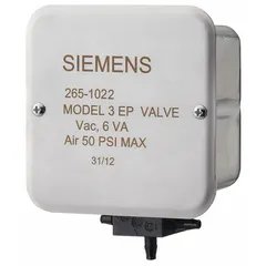 This 3-way air switching valve from Siemens features a PBT body and operates on 120V AC at 50/60 Hz, with a maximum operating pressure of 50 psi. It is used to control pneumatic actuators in HVAC and industrial automation systems, providing reliable air flow switching for process control applications.